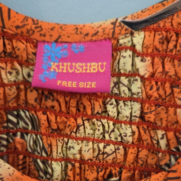 Khushbu Midi Sundress Silky Orange, Brown and Pink Pleated - Picture 2 of 8